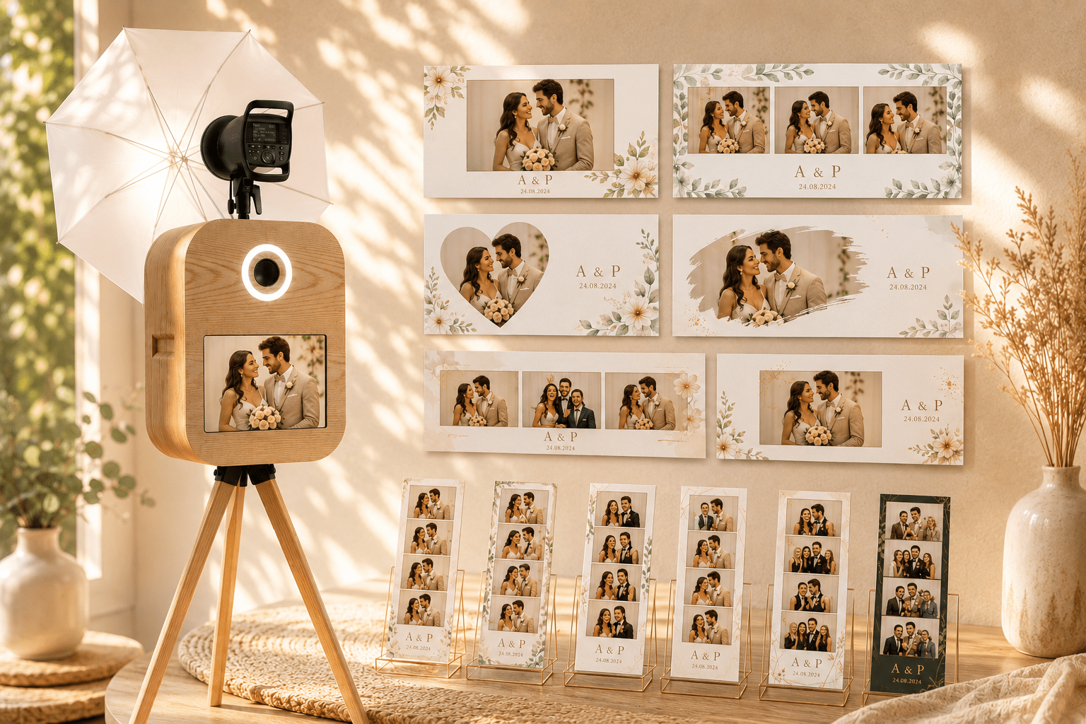 Photobooth personnalisation visuelle écran d'accueil, mise en page template photo format 10x15, bandelette avec thème et couleur personnalisée à l'évènement : mariage, anniversaire, soirée d'entreprise