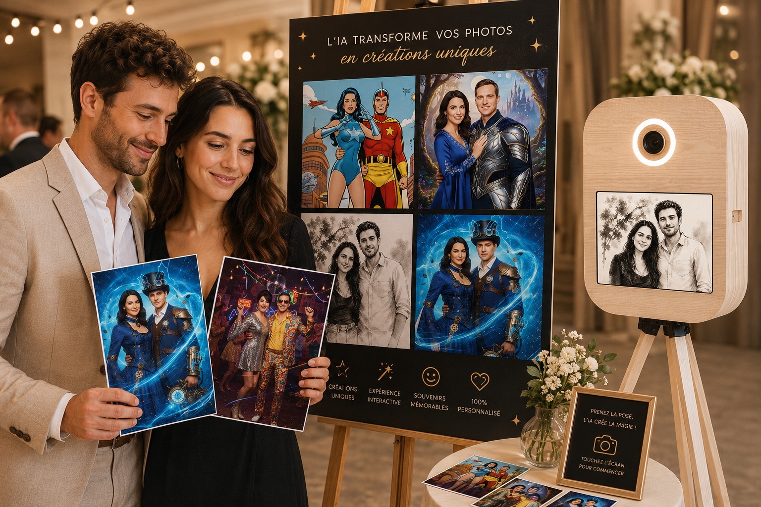 Location de photobooth avec animation IA créant des portraits personnalisés pour mariage et événement