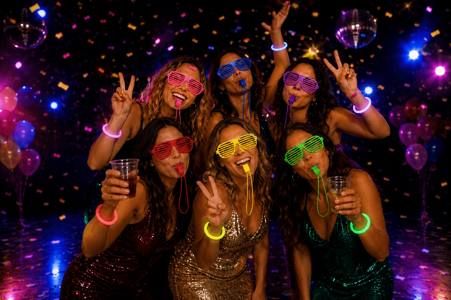 Invités posant avec des accessoires de fête dans une ambiance disco colorée. Exemple de photo réalisée avec une borne à selfie pour mariage, anniversaire ou événement professionnel à Rennes, Saint-Malo Saint-Grégoire Cesson-Sevigné Fougères Vern-Sur-Seiche Cancale Iffendic Chantepie Bruz Vitré Nouvoitou Saint-Brieuc Dinan Tinténiac Maxent
